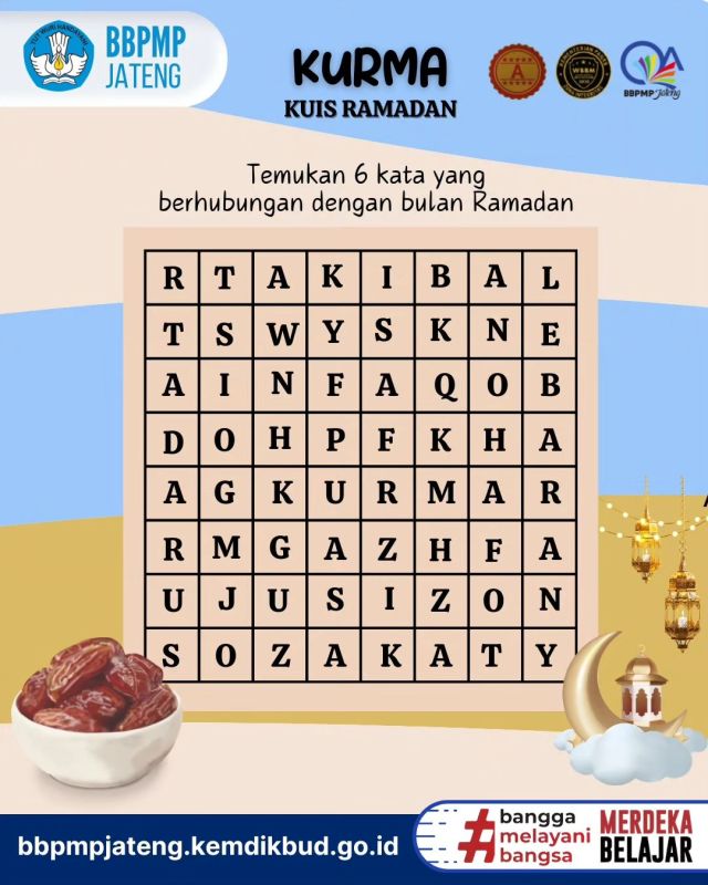 Halo #sobat pendidikan jumpa lagi dengan Kurma "Kuis Ramadan"

Sambil menyiapkan hidangan buka puasa, yuk kita cari 6 kata yang berhubungan dengab bulan Ramadan. Tulis jawabannya di kolom komentar ya.

#bbpmpjateng
#kuisramadan
#carikata